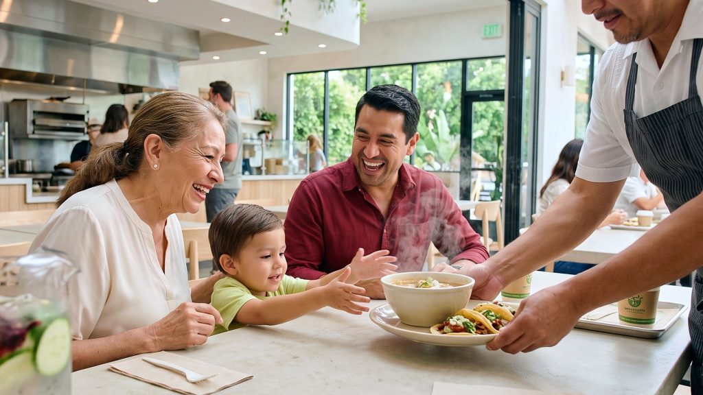 Família sendo servida em restaurante, experiência do consumidor no foodservice